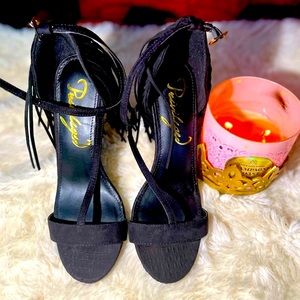 Privileged Women Elegant Suede Fringe Heels w/ Ankle Strap | Size 8 | Black |